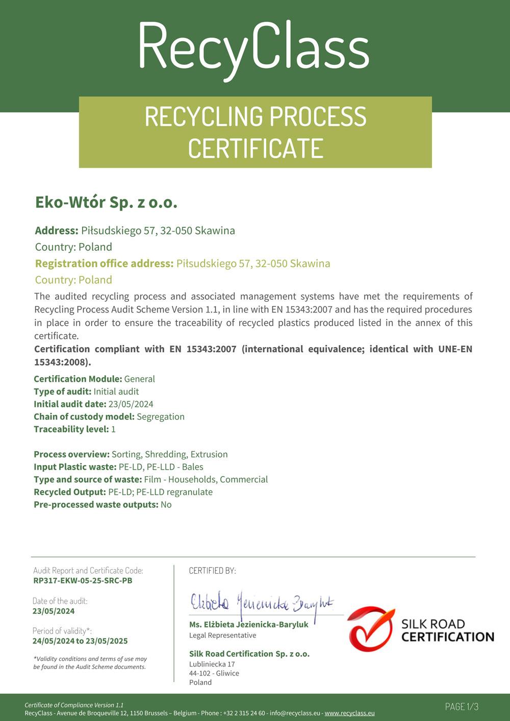 Zertifikate und Genehmigungen Eco-Wtor