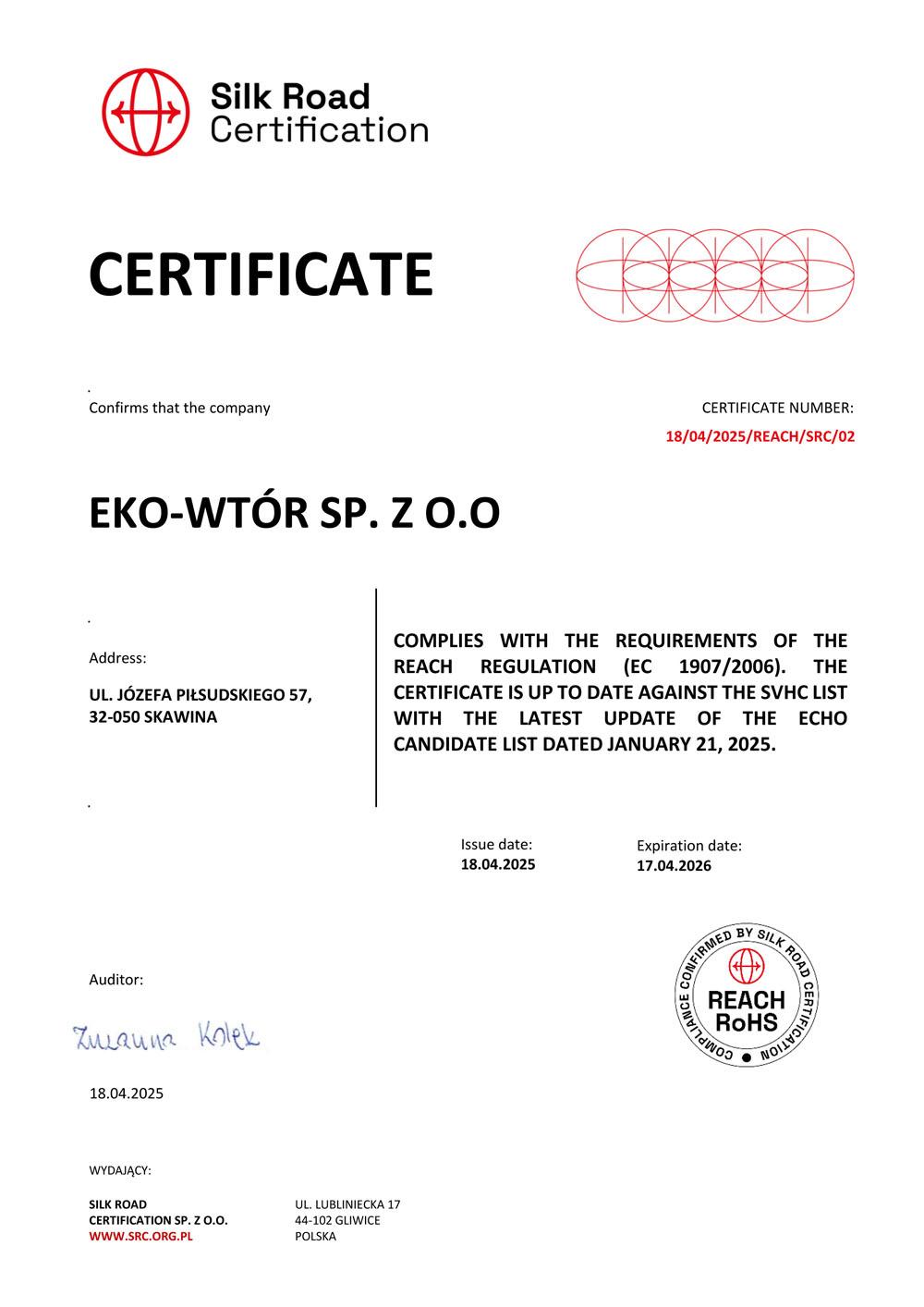 Zertifikate und Genehmigungen Eco-Wtor