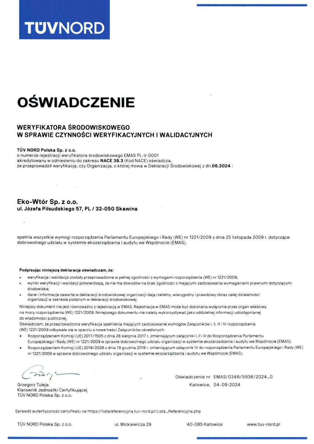 Zertifikate und Genehmigungen Eco-Wtor